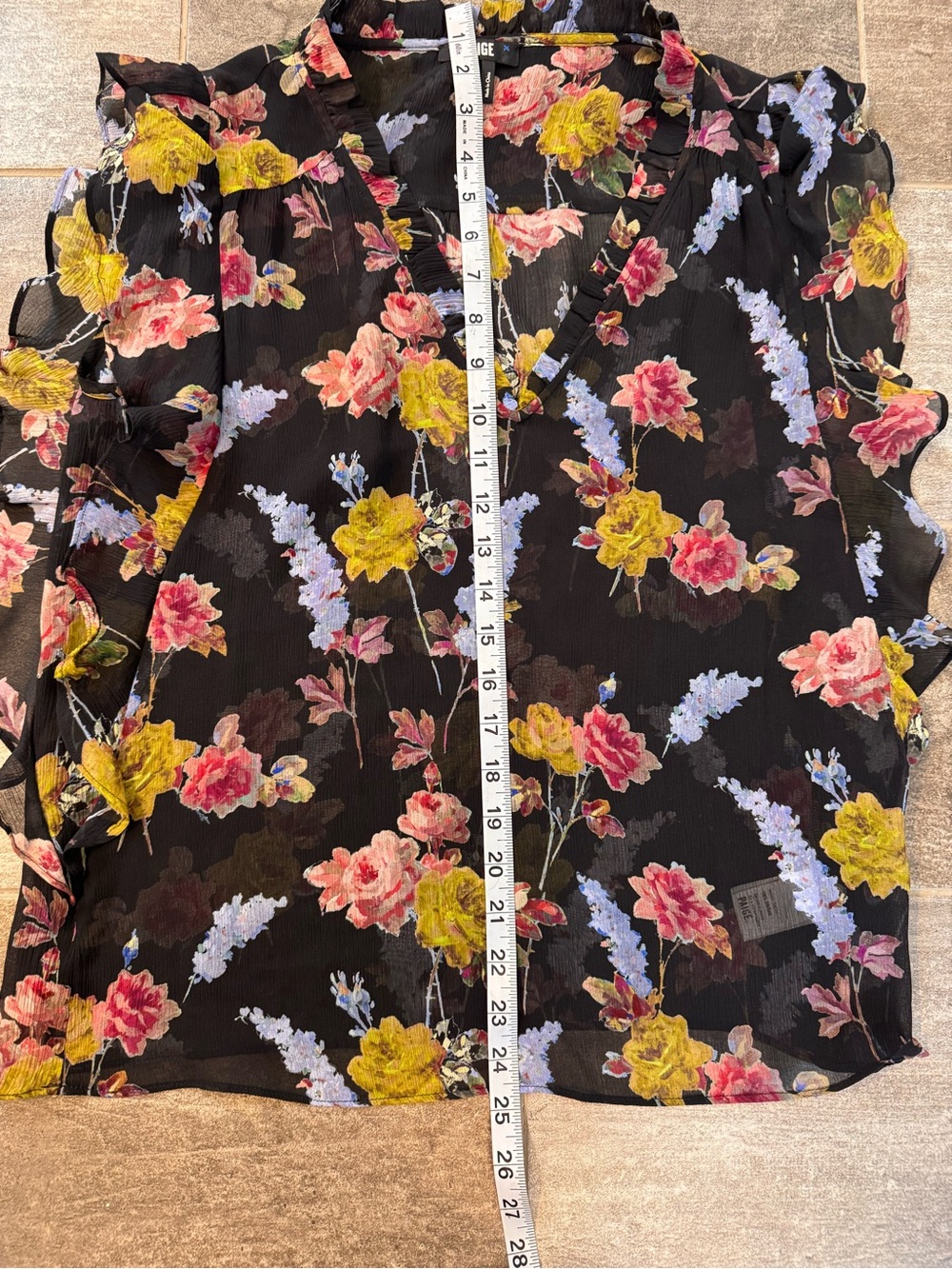 PAIGE Black Floral V-Neck Ruffle Sleeve Blouse, 100 percent silk - Picture 5 of 5